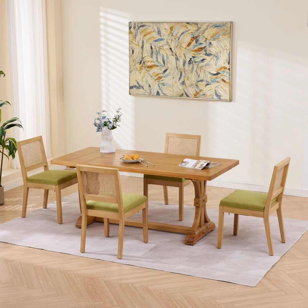 Set di 2 sedie da pranzo, schienale in vimini, stile rustico, struttura in legno, seduta imbottita, colore legno naturale e verde