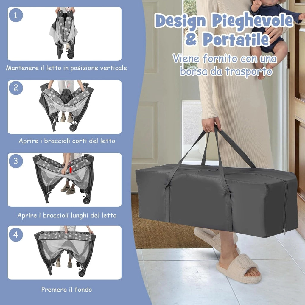 5 in 1 Lettino da Campeggio con Materasso, Lettino Neonato da Viaggio Pieghevole, Box Bambini Portatile con Borsa, Zanzariera, per Bambini 0-36 Mesi (Stella Grigia)
