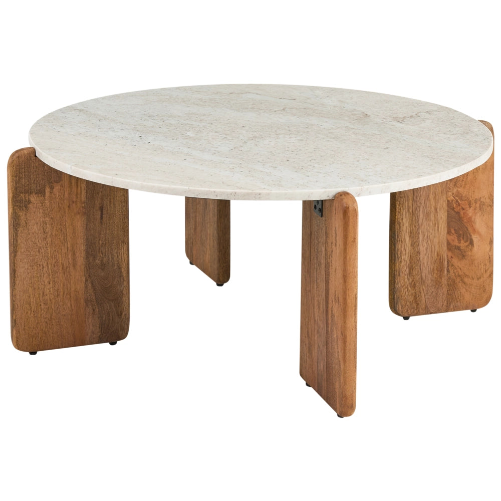 Tavolino con piano in marmo beige chiaro e gambe in legno di mango 80 cm stile moderno rotondo soggiorno