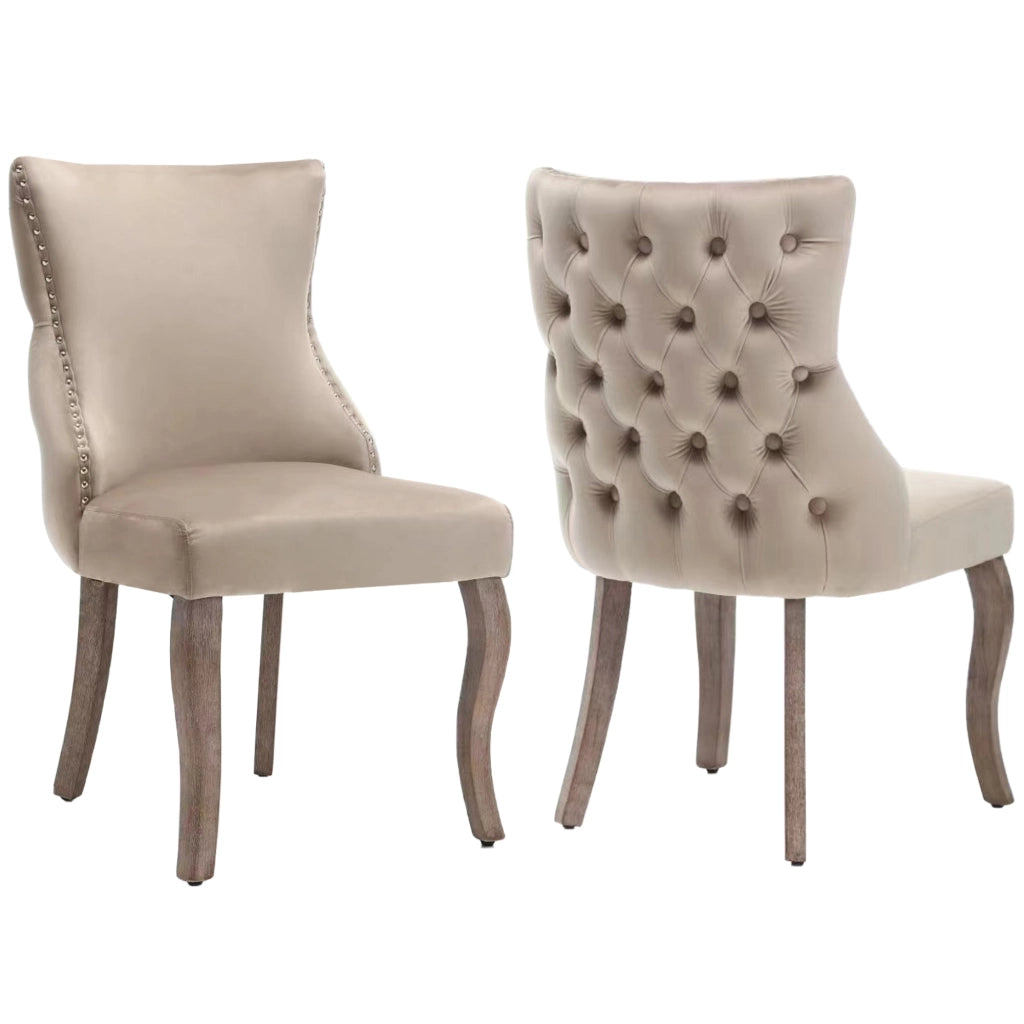 Chaise da pranzo in velluto con schienale capitonné e borchie decorative, gambe in legno massiccio beige
