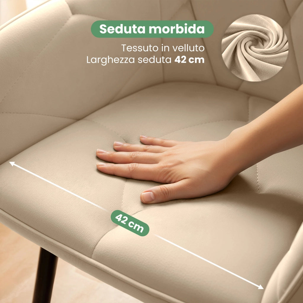 Set di 6 Sedie in velluto trapuntato DIAMANTE Beige gambe nere