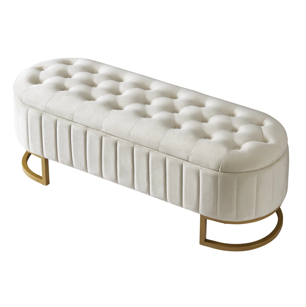 Panca contenitore imbottita 120x39;9x43 cm in velluto beige con gambe in metallo