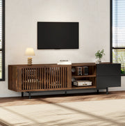 Mobile TV 160 cm con ante a doghe; 2 cassetti e vani aperti; MDF nero/naturale