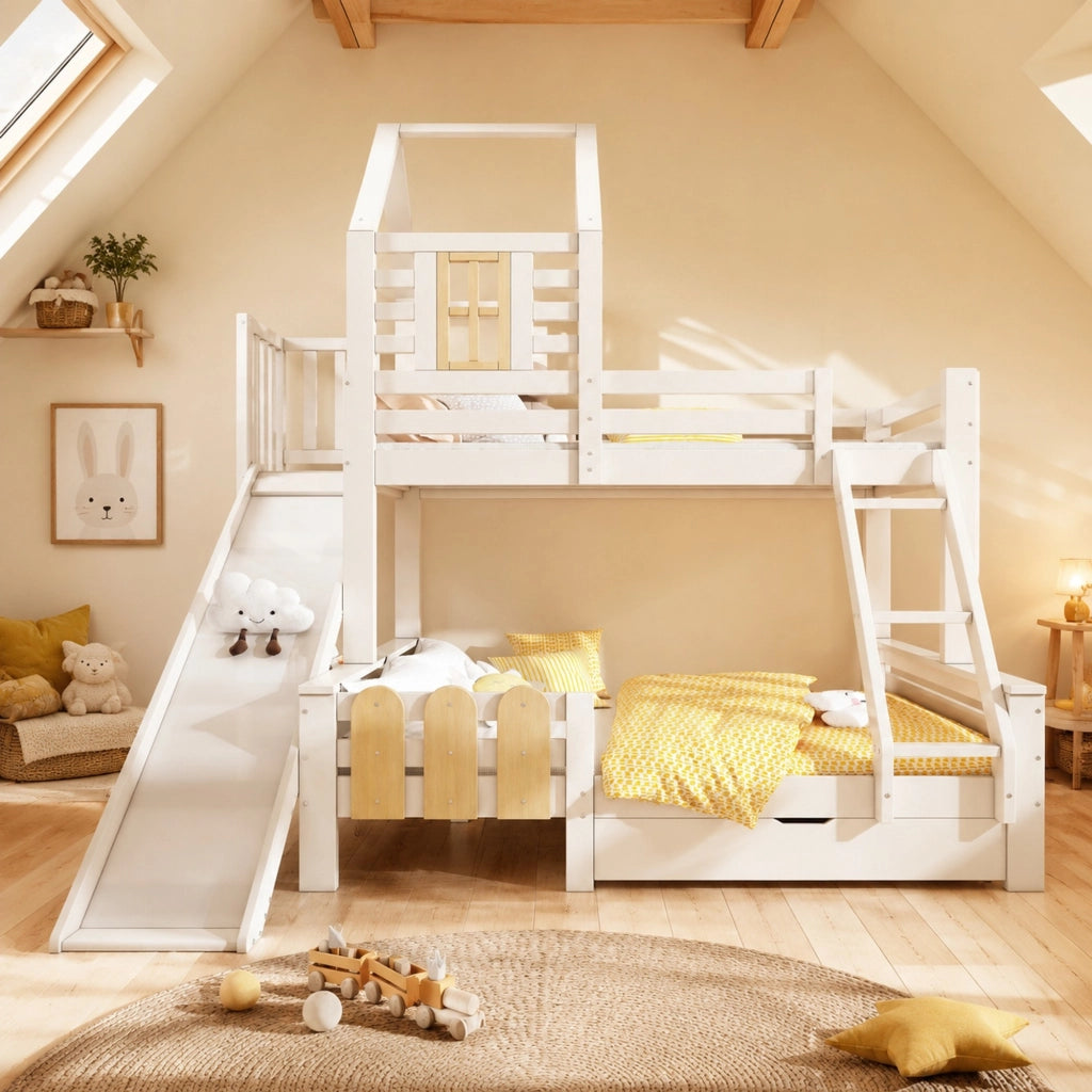 Letto a castello per bambini 90x200/140x200 cm con scivolo, scala, cassetto e rete a doghe