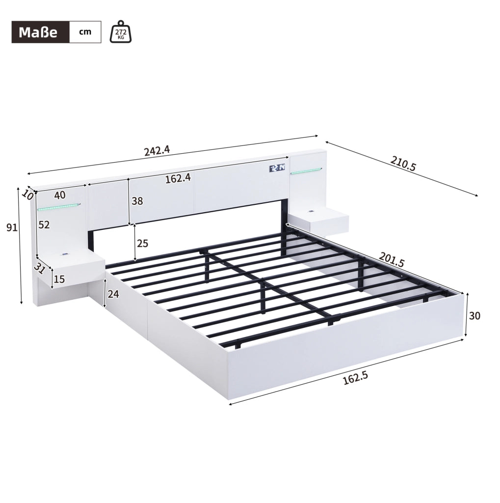 Letto matrimoniale 160x200 cm in MDF bianco con USB; Bluetooth; orologio e luci LED