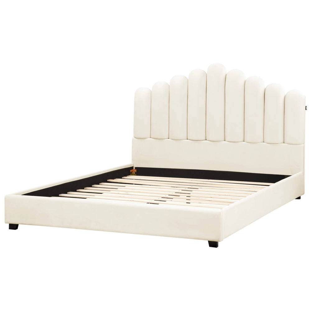 Letto matrimoniale rete a doghe velluto bianco sporco 180 x 200 testiera a conchiglia
