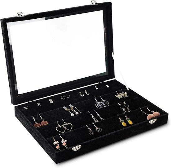 Organizzatore di Orecchini con Cassetto di Caricamento Translucido 64 Scomparti - Inserzione in Velluto - Contenitore per Orecchini - Cassetto di Caricamento in Vetro - Display per Gioielli - Scomparto - Regalo per Donna - Nero