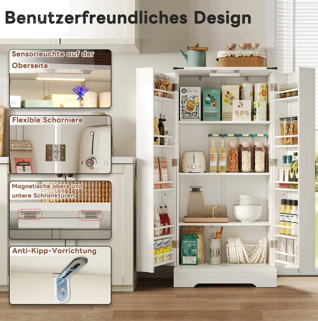 Credenza da cucina in stile country 60x35x128;5 cm in MDF bianco con LED e ripiani regolabili