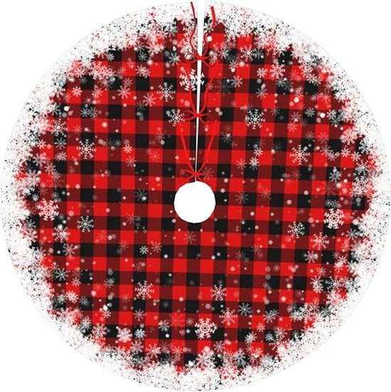 Cappotto di albero di Natale in rosso e nero con fiocchi di neve bianchi, cuscino con motivo di cappotto di Natale - 48 pollici