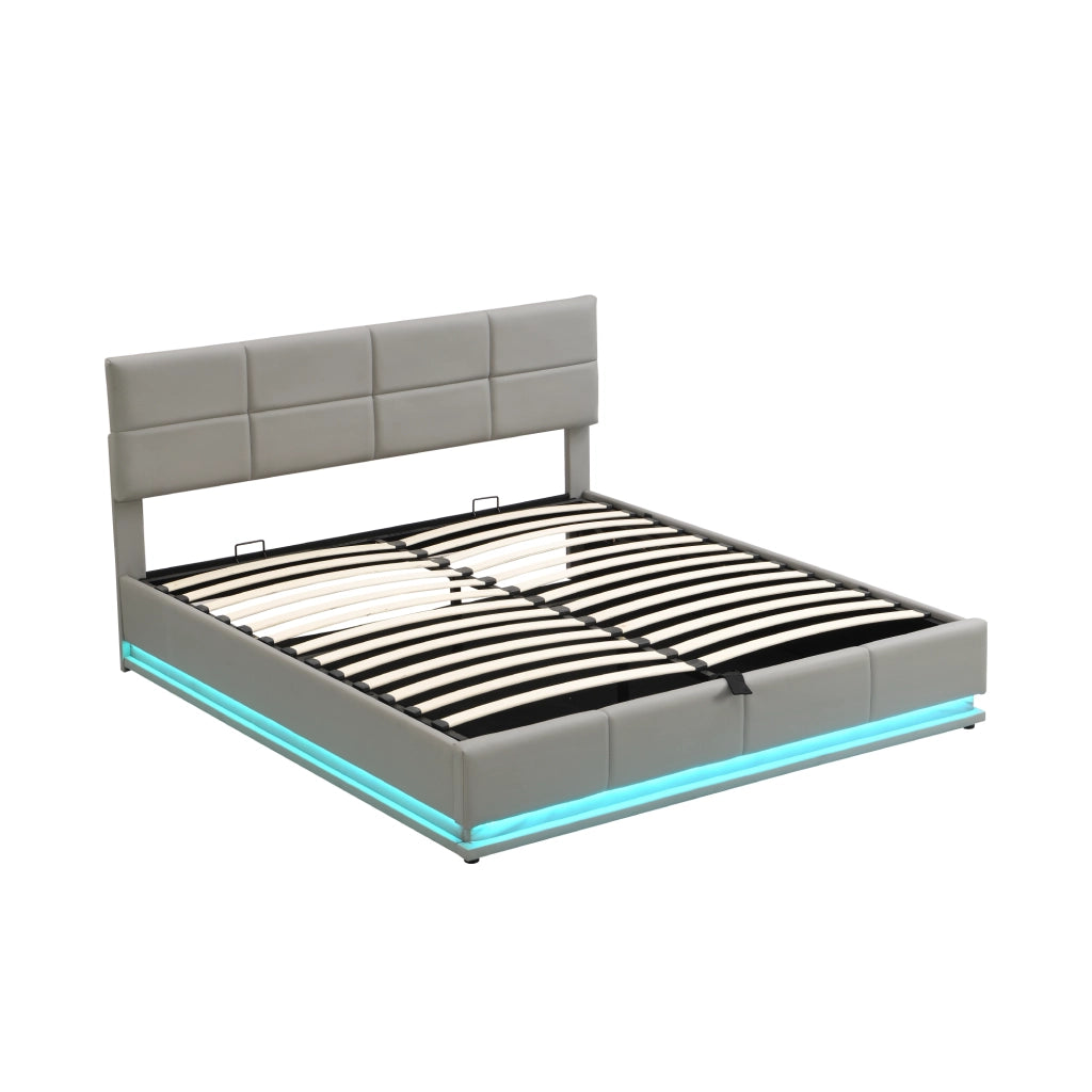 Letto Matrimoniale 180x200 Grigio con Contenitore Idraulico; LED 16 Colori e Testiera Regolabile