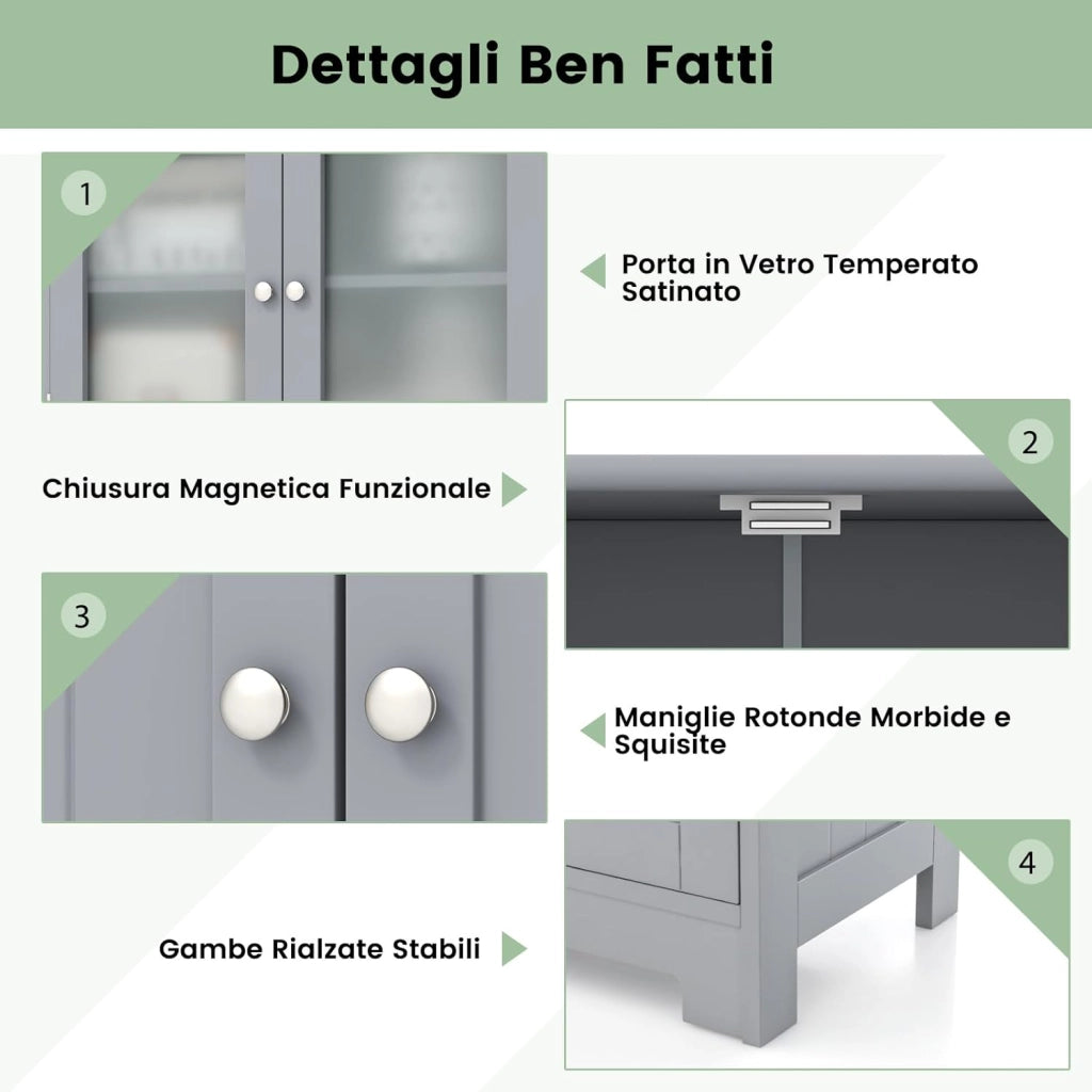 Armadio da Terra con 4 Ante, Mobile da Bagno con 2 Ante in Vetro 2 Cassetti e Ripiani Regolabili, Armadio Multifunzionale per Bagno e Soggiorno (Grigio, 60x30x128cm)