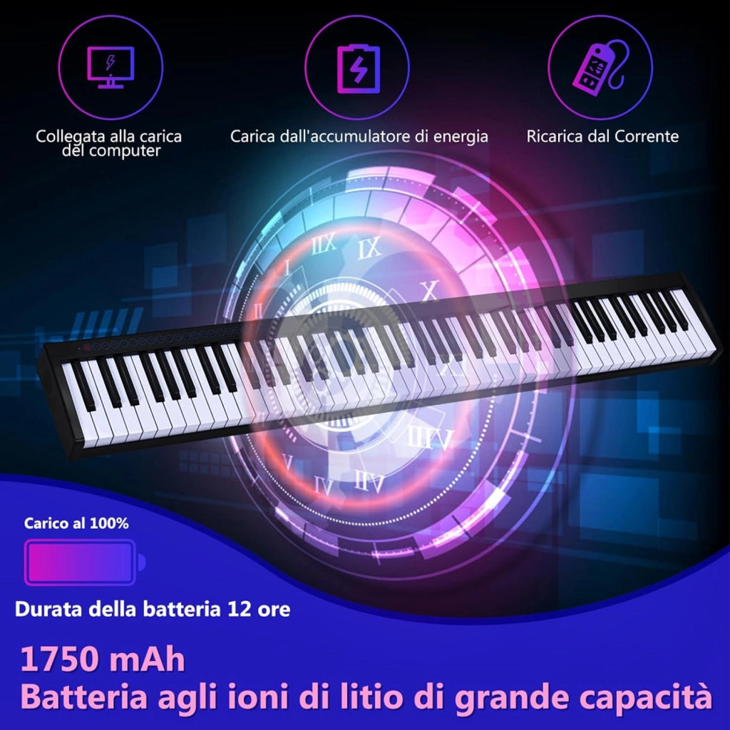 Tastiera Musicale 88 Tasti, Pianoforte Digitale Portatile con Custodia, Pianola con 128 Ritmi e Toni, Pedale Sustain, MIDI, USB e Funzione di APP Bluetooth (Nero)