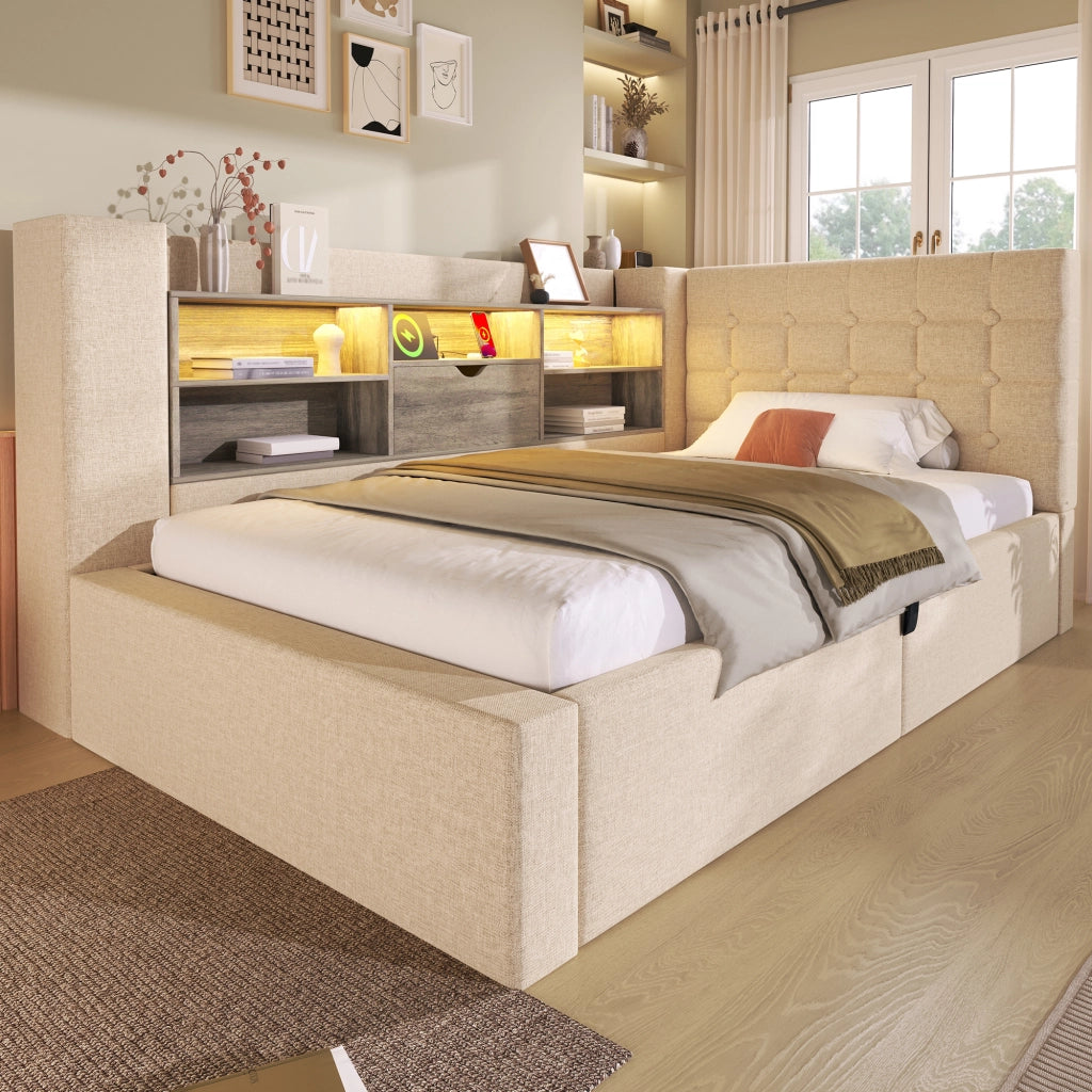 LETTO Contenitore 90x200 cm Beige con materasso incluso, LED e testiera L