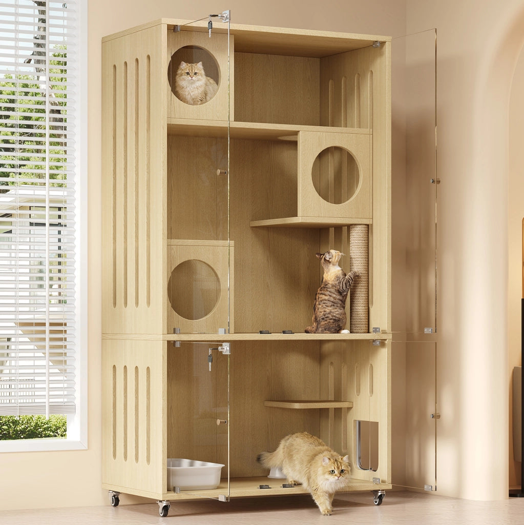 Gabbia per gatti 90x50x166 cm in MDF e vetro naturale, con serratura, da salotto –