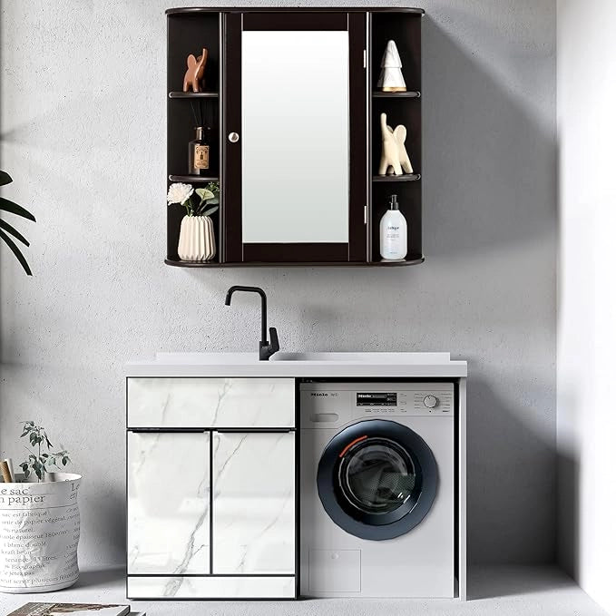Armadietto del Bagno con Specchio, Armadietto di Legno Appeso con Mensole Regolabili, Armadietto dei Medicinali Multiuso per Bagno Salone Cucina (Marronre)