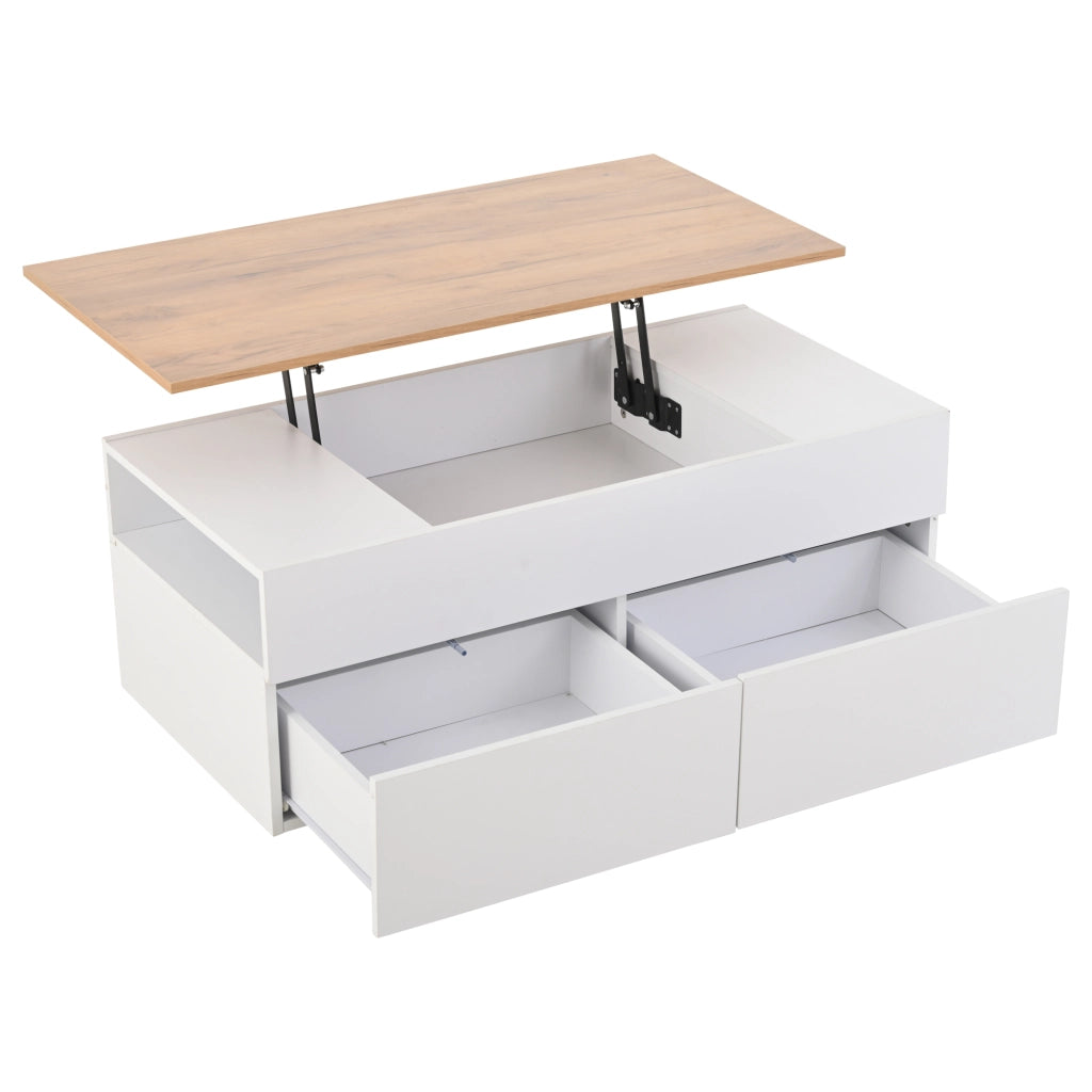 OKWISH Tavolino da Caffè Alzabile con 2 Cassetti e Vani Semiaperti, per Soggiorno, in Pannello di Particelle, Bianco, 100×50×40 cm