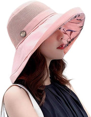 Zonnehoed a rete per donna con protezione UV e bordo largo e cintura per il mento - Rosa