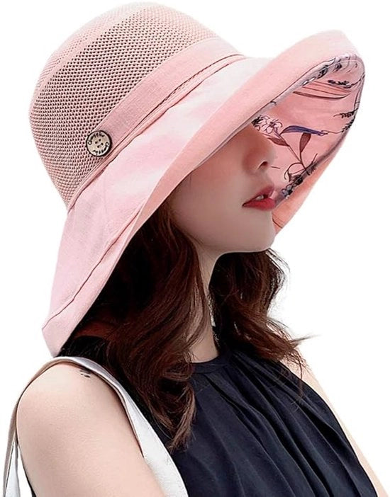 Zonnehoed a rete per donna con protezione UV e bordo largo e cintura per il mento - Rosa