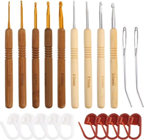 Set di Aghi in Legno - 9 Dimensioni - Aghi con Aghi e Marker a Reticolo - Manico in Legno per Principianti e Lana da Maglia - 2.0 mm - 2.5 mm - 3.5 mm - 4.0 mm - 4.5 mm - 5.5 mm - 6 mm