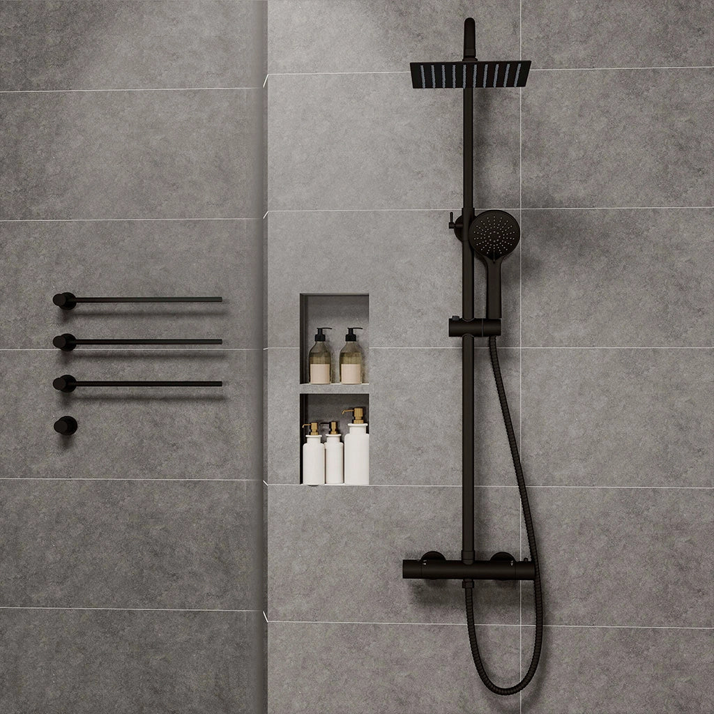 Colonne doccia nero, soffione doccia quadrato 20x20cm acciaio inox, miscelatore termostatico doccia tondo antiscottature