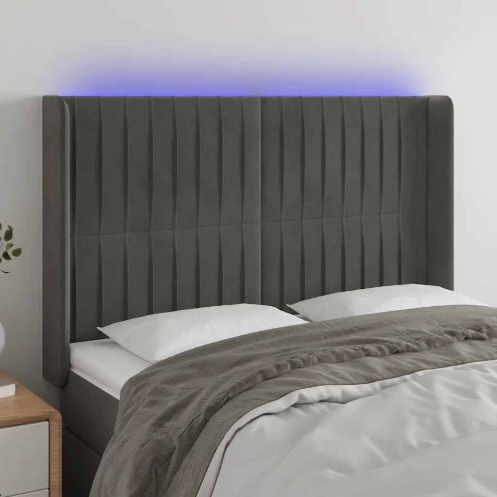Testiera a LED-Testata con LED Grigio Scuro 147x16x118/128cm in Velluto 543751