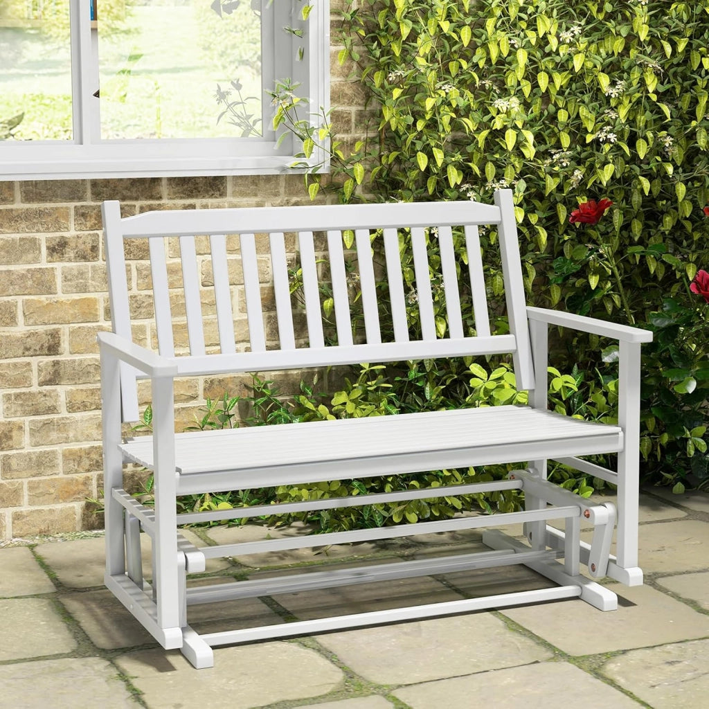 Panca a Dondolo a 2 Posti con Sicuro e Delicato Movimento Oscillante, Telaio in Legno Massello, Sedia a Dondolo per Giardino con Capacità di carico 225 kg, 126 x 68 x 100 cm, Bianco