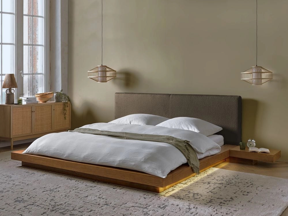 Letto LED in stile giapponese in frassino naturale 180 x 200 cm testata in legno impiallacciato bouclé camera da letto a basso profilo