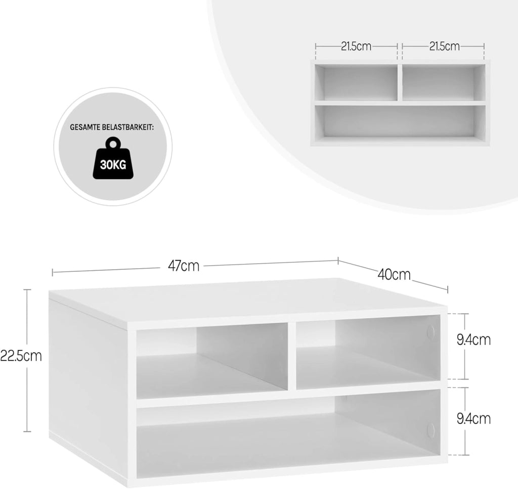 Schedario da Ufficio a 2 Livelli con Custodia, Porta Stampante da Scrivania in Legno con 3 Scomparti per l'Ufficio, 47x40x22,5cm, Bianco, ASK15ws