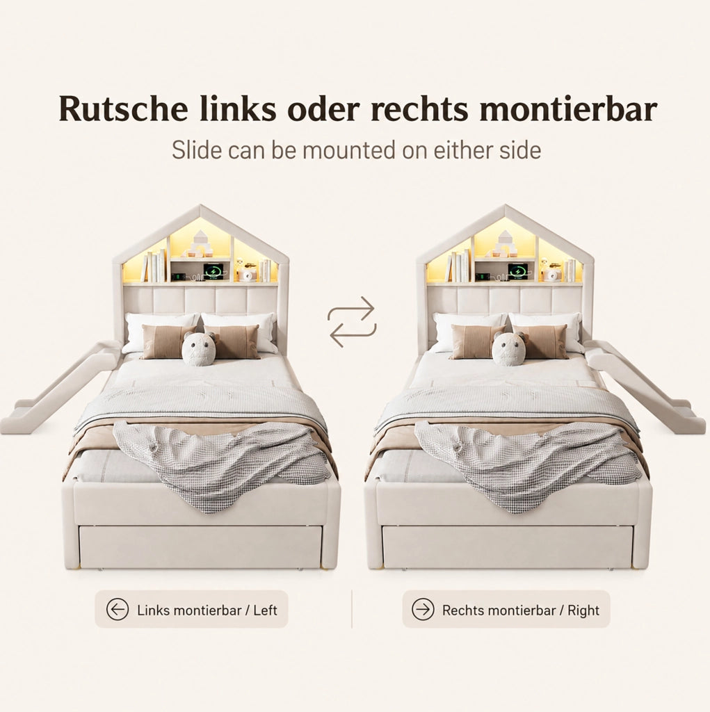 LETTO Bambini Imbottito 90x200 cm Beige con Scivolo, LED e Porta di Ricarica