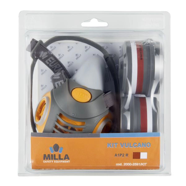 Milla 2000-2595 Vulcano Maschera Respiratoria Bifiltro Kit Filtri A1B1E1K1P3 ABEK1P3 Uso Agricolo Industriale