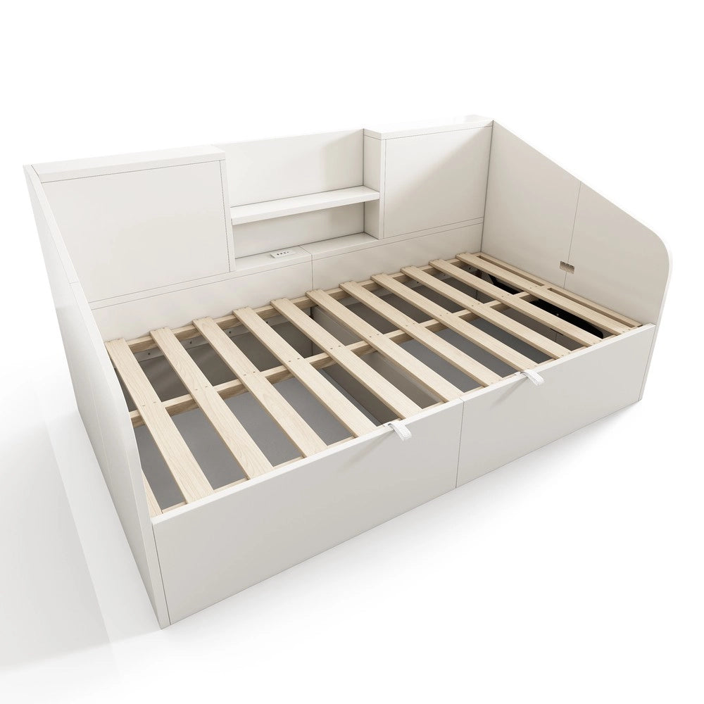 Letto Singolo Contenitore 90x190 con USB ¨C MINIMAL ¨C Bianco, Legno, Doghe Incluse