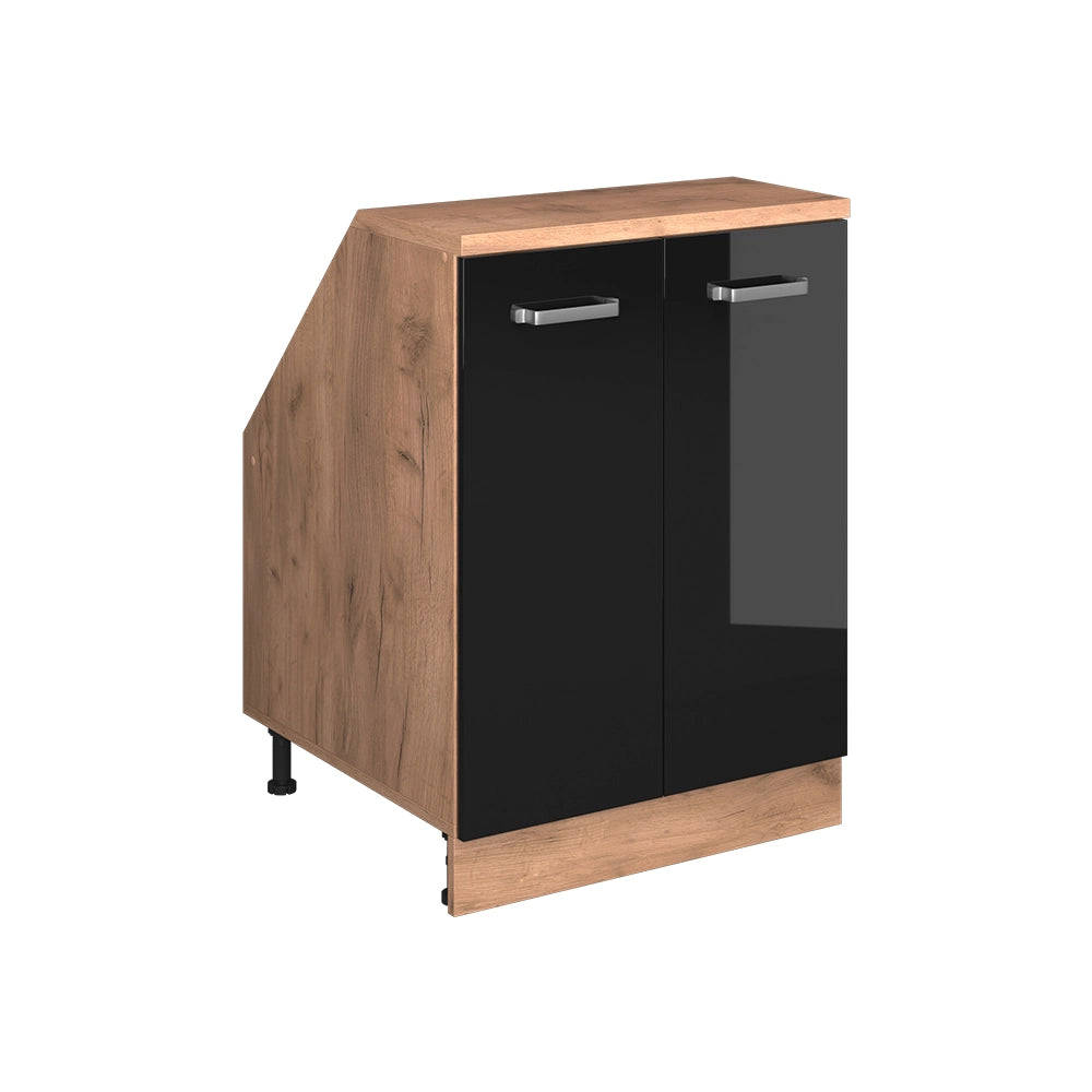 Mobile cucina sottotetto R-Line Nero lucido/Rovere dorato 60 cm con 2 porte, carcassa 60 cm profondità Vicco
