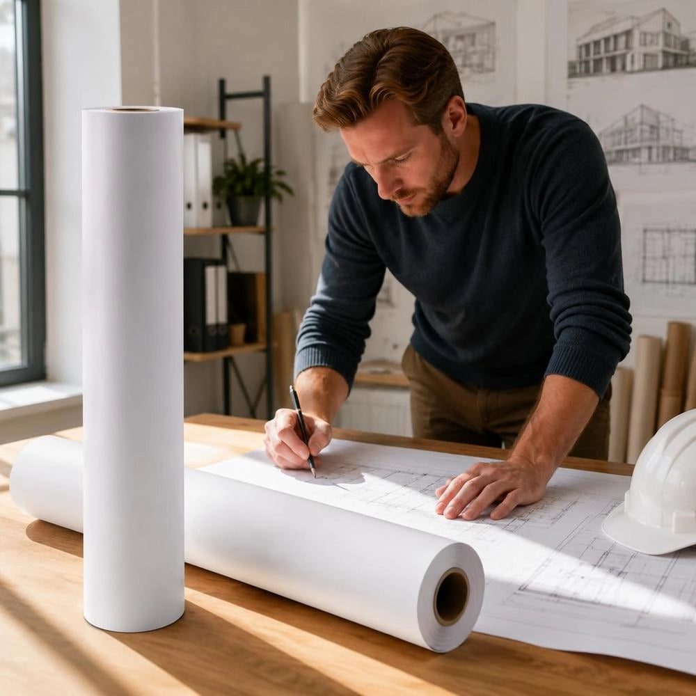 Wide Format Paper, 30 In X 500 Ft Plotter Roll, 2 Rolls CAD Bond Rolls With 3 In Core, 20 LB Bond Paper Rolls, Ideal For CAD Drawings, Engineering Plans, GIS Maps, And Architectural Designs