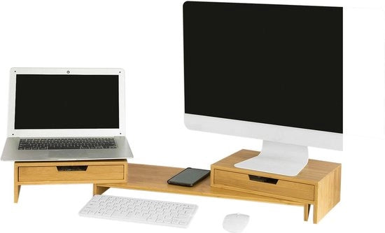 Monitor Stand Regolabile in Bambù - Elevatore di Doppio Monitor - Organizzatore da Ufficio con Scomparti - Lati Girevoli - Gestione Cavi - 60-108cm x 11cm x 22cm