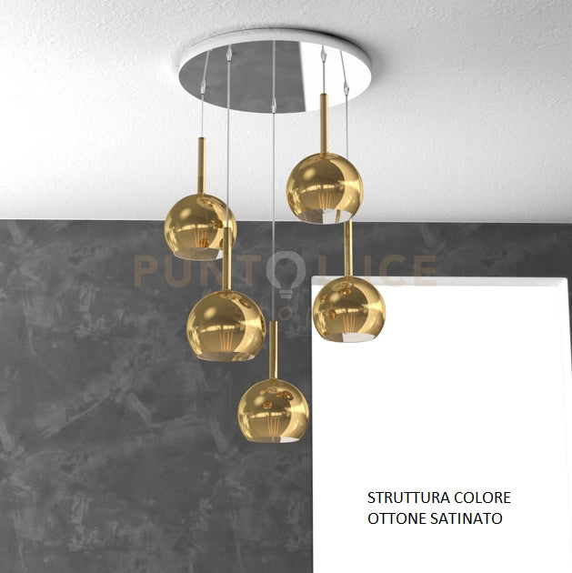 SOSP. OTTONE SAT. TONDA 5 LUCI VETRI TUTTI PICCOLO ORO 1155OS-S5 TP-OR