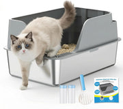 Lettiera Gatto Acciaio Inox, Lettiera per Gatti in Acciaio Inox con Bordi Alti e Capacità Extra Large 60L, Resistente e Antigraffio, Facile da Pulire, Include Paletta e Sacchi Immondizia