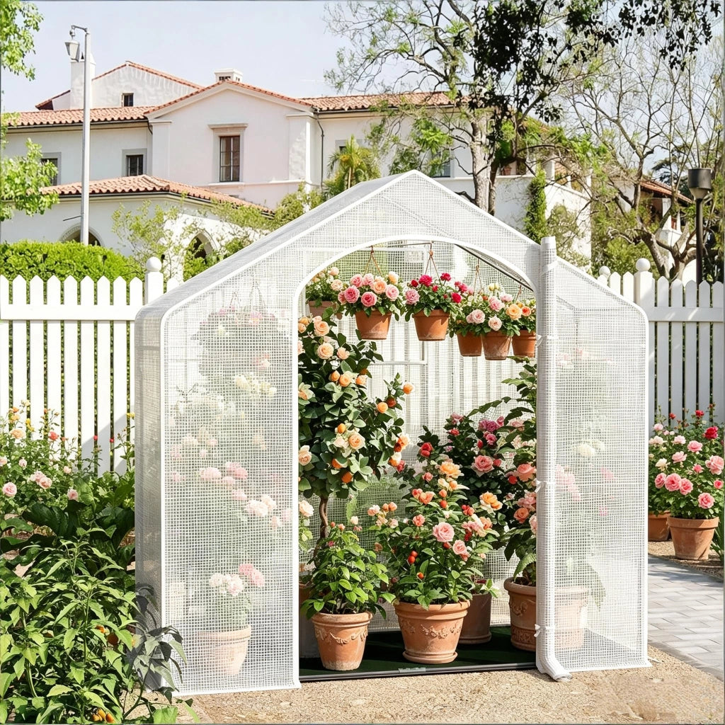 Serra a tunnel in rete PE 140 g/m² con porta avvolgibile e struttura in acciaio bianco 200 × 80 × 200 cm