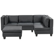 Divano componibile 4 posti imbottito in tessuto nero con gambe nere schienale imbottito lato sinistro con pouf stile moderno