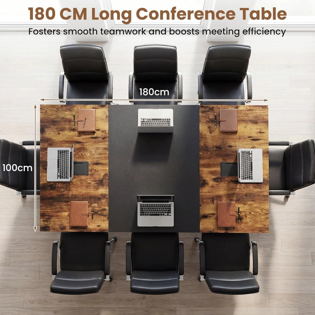 Tavolo da Conferenza 180 cm per 6-8 Persone, Tavolo Riunione Rettangolare con 2 Passacavi, Struttura Metallica, Portata 120 kg, Stile Industriale, per Sala Riunioni, Ufficio