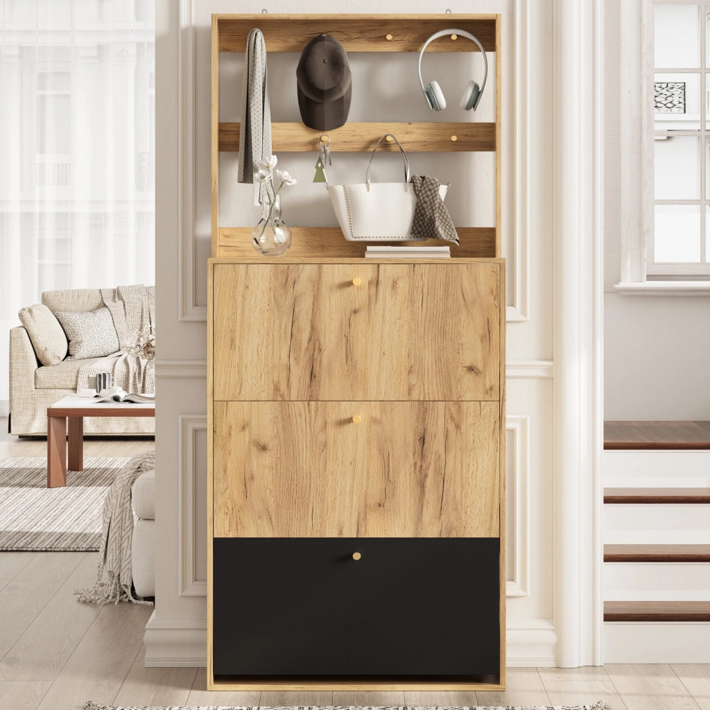 Scarpiera, mobile da ingresso con ganci, 75 x 180 x 24 cm, color legno naturale e nero