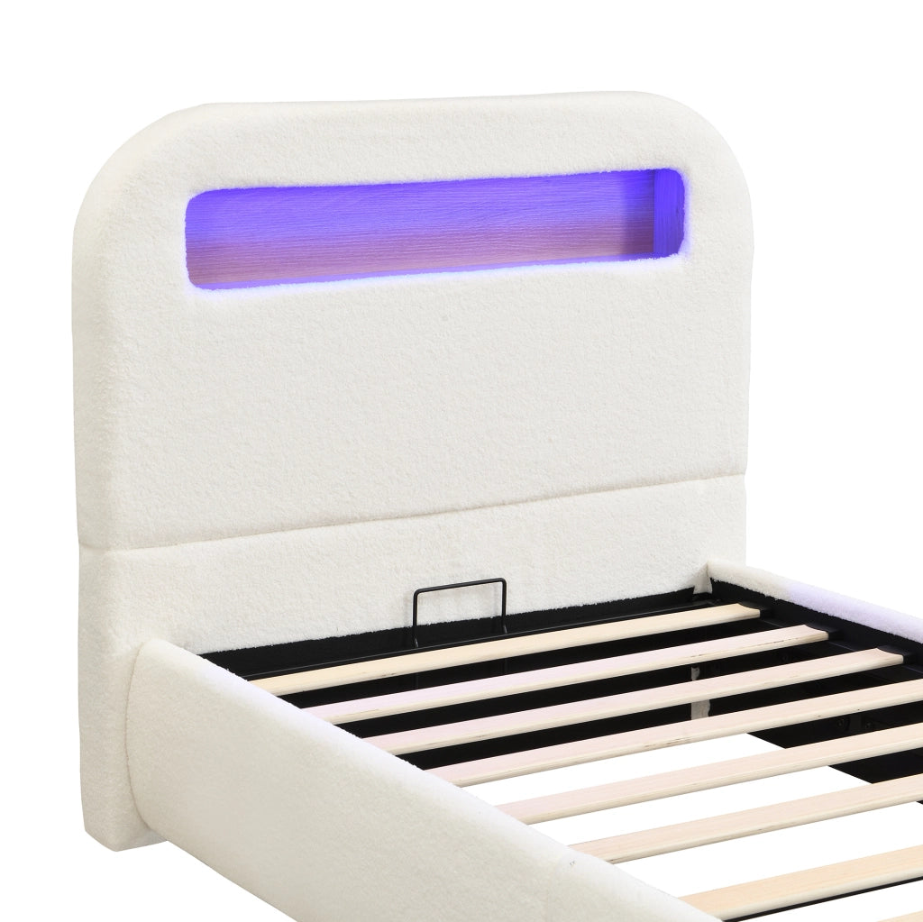 Letto imbottito con contenitore e LED in bouclé bianco