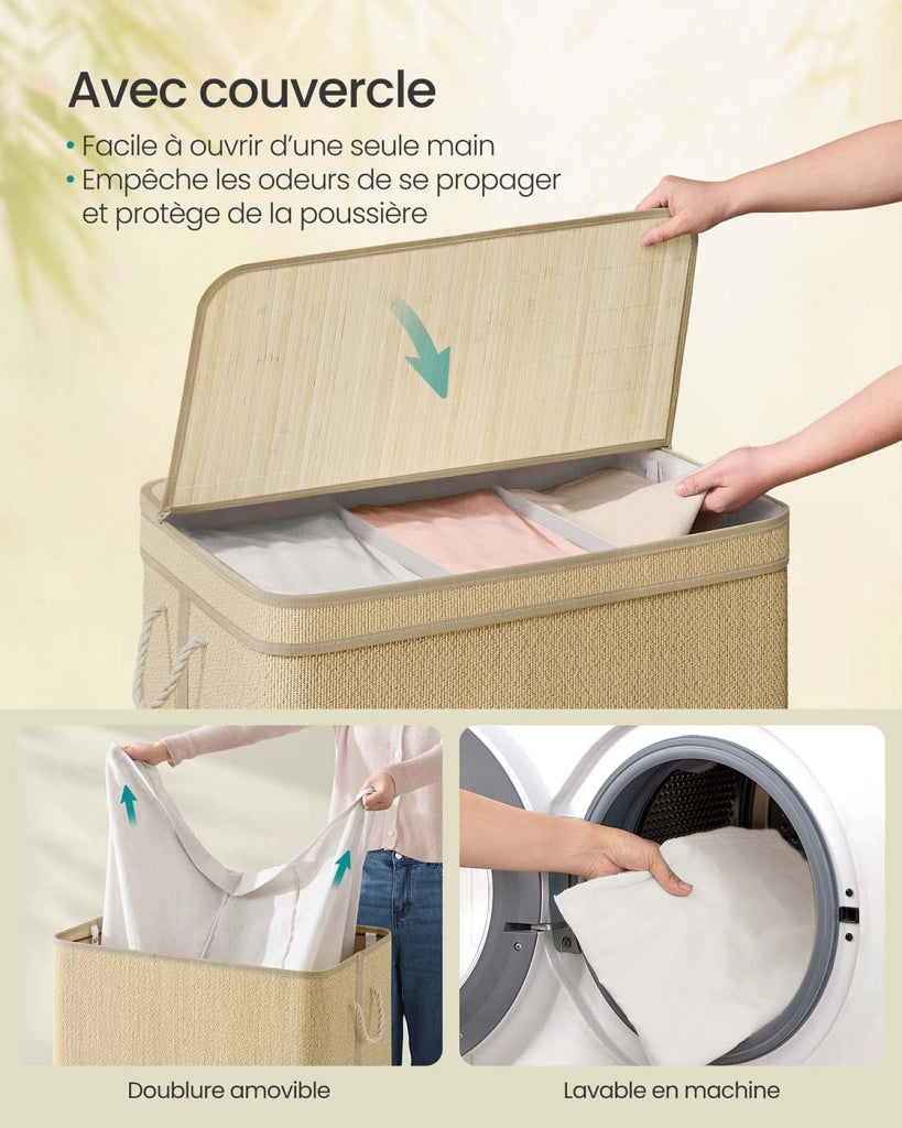 Cesto portabiancheria in bambù cesto per biancheria sporca da 90 litri sacco rimovibile e lavabile in lavatrice coperchio manici lavanderia camera da letto soggiorno beige 12_0006717