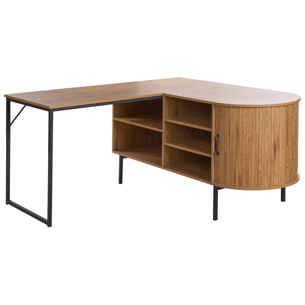Scrivania da ufficio  marrone chiaro con MDF nero 140 x 140 cm Struttura in ferro con 3 ripiani Porta scorrevole
