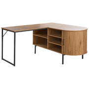 Scrivania da ufficio  marrone chiaro con MDF nero 140 x 140 cm Struttura in ferro con 3 ripiani Porta scorrevole