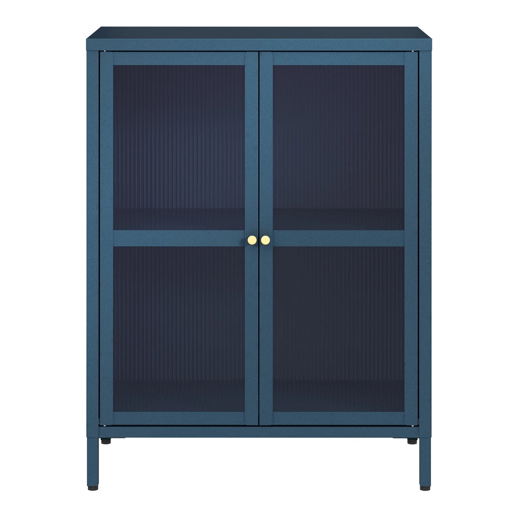 Credenza Säkylä Comò con Ante in Vetro Scanalato 84x64x35 cm Blu Marino [en.casa]