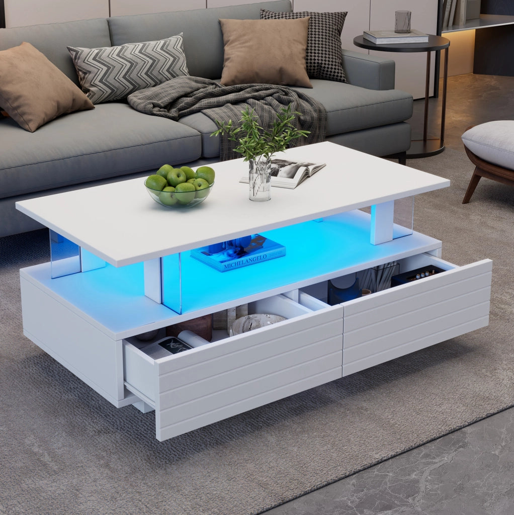Tavolino da caffè LED bianco 100x50x42 cm con 2 cassetti