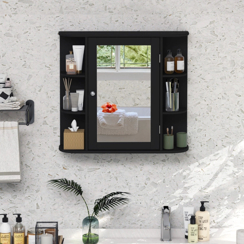 Armadietto del bagno con specchio e mensole regolabili al muro-Armadietto di legno per bagno e salone Nero