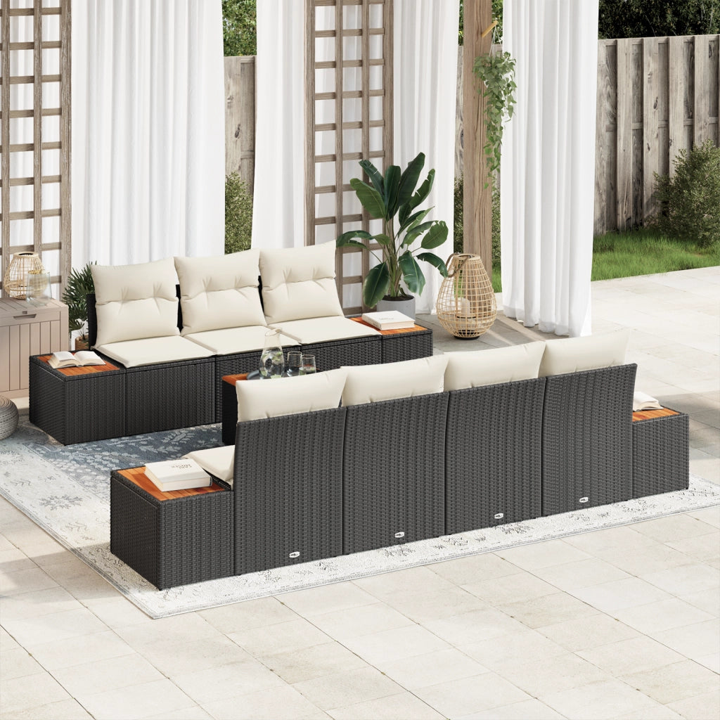 Set di 8 divani da giardino  con cuscini neri in polyrattan e acacia