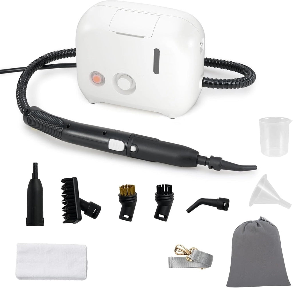 1600W Pulitore a Vapore Portatile, Vaporizzatore Domestico con Serbatoio d'Acqua 1 L (Sostenibile), Tempo Riscaldamento 10s, Macchina per Pulizia a Vapore Multiuso (Bianco)