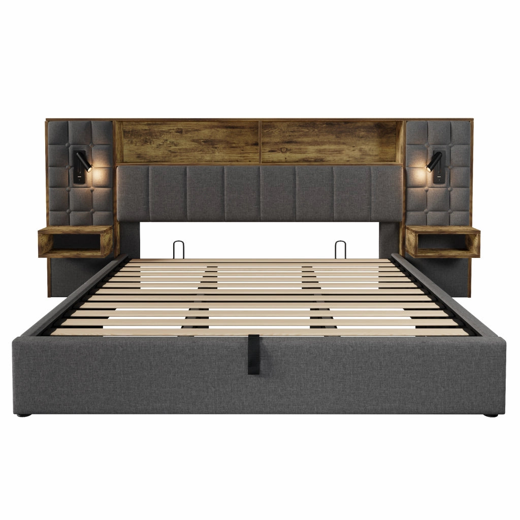 Letto imbottito con contenitore 180x200, LED, lampade da lettura, comodini integrati e porte USB/Type-C